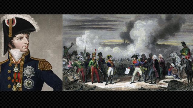 Gravuras do mariscal Jean Baptiste Bernadotte e do asedio de Stralsund no 1807