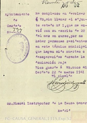 8. Causa General, 1941 Resposta do Concello de Cerdedo.