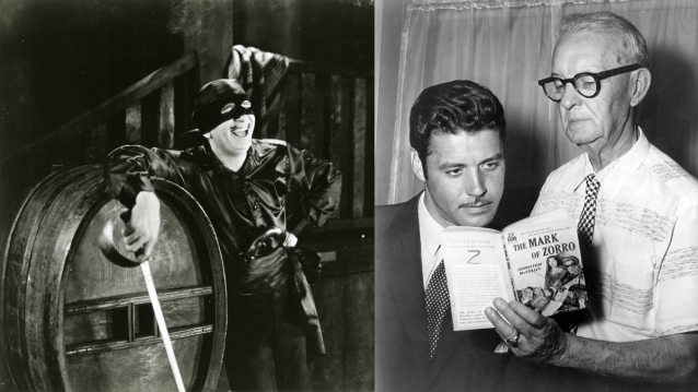 Douglas Fairbanks no primeiro filme do Zorro, de 1920; o autor, Johnston McCulley, amosa un dos seus libros a Guy Williams, o Zorro na popular serie da Disney, en 1958 Douglas Fairbanks no primeiro filme do Zorro, de 1920; o autor, Johnston McCulley, amosa un dos seus libros a Guy Williams, o Zorro na popular serie da Disney, en 1958