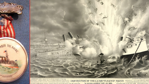 Medalliña patriótica americana de principios do século XX coa lenda “Remember the Maine”; ilustración de 1898 reflectindo o momento exacto do estoupido do acoirazado Maine no porto da Habana Medalliña patriótica americana de principios do século XX coa lenda “Remember the Maine”; ilustración de 1898 reflectindo o momento exacto do estoupido do acoirazado Maine no porto da Habana