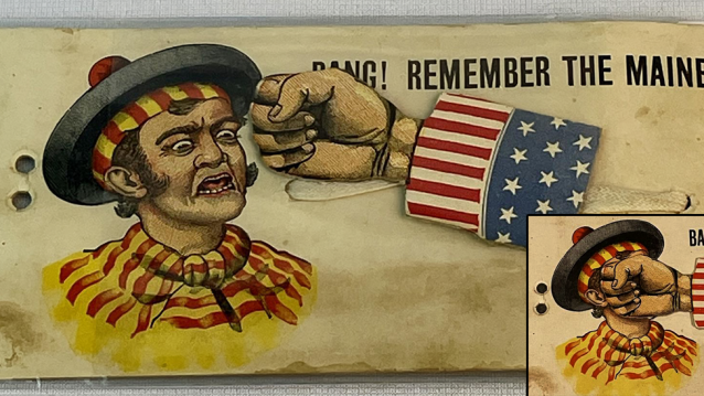 Tarxeta mecánica norteamericana de principios do s. XX; tirando dun cordeliño, o brazo americano dáballe unha puñada á face dun español estereotipado Tarxeta mecánica norteamericana de principios do s. XX; tirando dun cordeliño, o brazo americano dáballe unha puñada á face dun español estereotipado