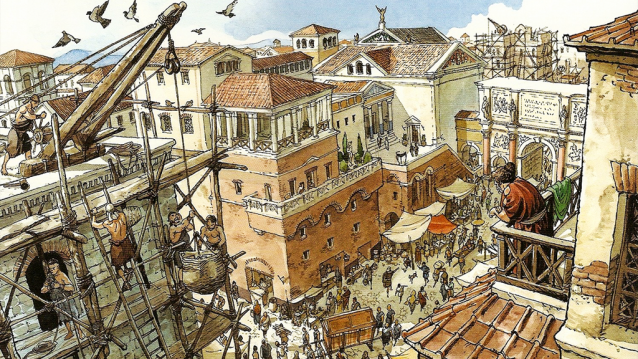 Viñeta de “As Aguias de Roma”, amosando rúas atafegadas de xente, altas ínsulas e moito fervor construtivo