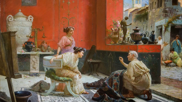 Interior do baixo dunha ínsula, unha “taberna” acondicionada como tenda de obxectos de decoración. Pintura de Ettore Forti.