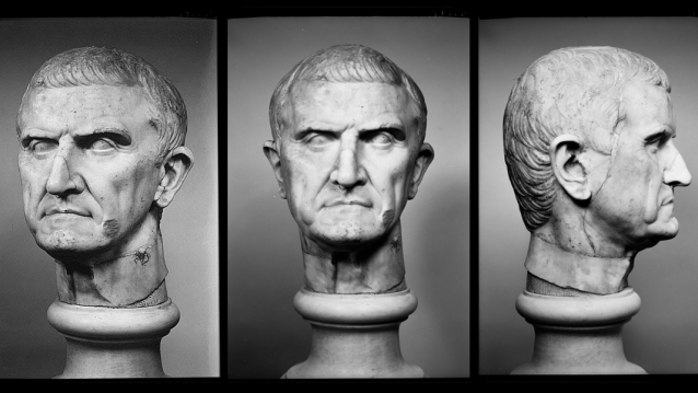 Imaxes dun busto de Marco Licinio Craso, a xeito de mugshot
