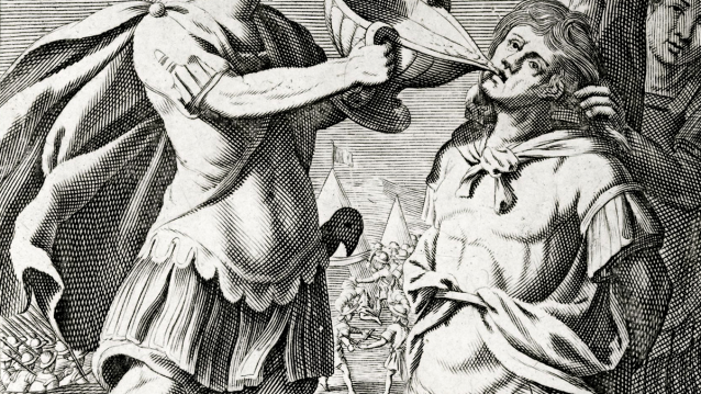 Gravura do século XVIII do popular tema da morte de Craso no 53 a.C. a mans dos partos