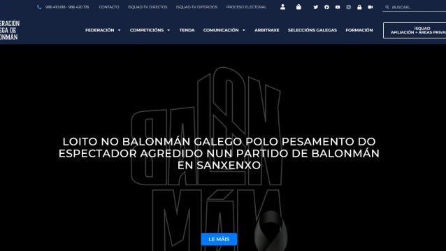 Páxina web da Federación Galega de Balonmán coa mensaxe de loito Páxina web da Federación Galega de Balonmán coa mensaxe de loito