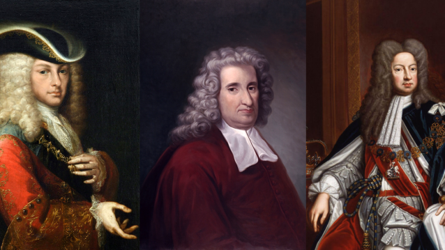 De esquerda a dereita Felipe V, primeiro rei Borbón de España; o cardeal Giulio Alberoni; e Xurxo I do Reino Unido, primeiro monarca da casa Hann