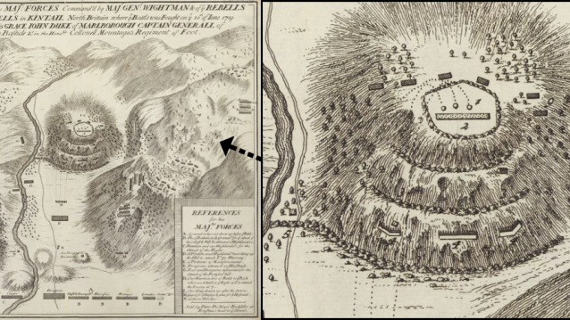 Gravura inglesa da disposición de batalla en Glen Shiel En detalle, o outeiro central no que se apostaron os galegos. No plano xeral, polas abas