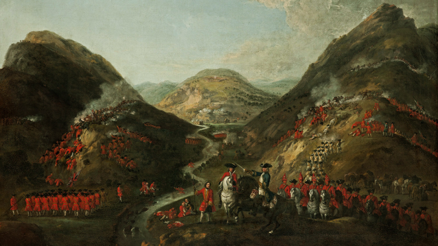 A Batalla de Glen Shiel no cadro de Peter Tillemans. Ao fondo, o outeiro central dos galegos; nos montes dos flancos, os combates contra dos esco