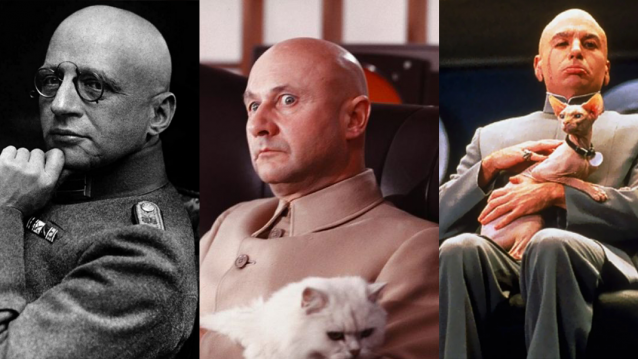 Procura as diferencias. De esquerda a dereita: o moi real Fritz Haber, “Pai da Guerra Química”; no medio, Donald Pleasence, que interpretou en 1967 ao malvado inimigo de James Bond, Ernst Stavro Blofeld; e finalmente unha parodia do anterior, o Doutor Maligno de Mike Myers na saga de Austin Powers