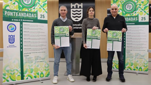 Javier Piñeiro, Anabel Gulías y Juan Romero presentando la nueva edición de PonteAndadas
