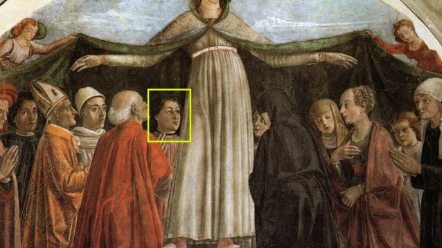 Madonna della Misericordia da igrexa de Tódolos Santos de Florencia. Domenico e David Ghirlandaio representaron arredor de 1472 á virxe protexendo aos membros da familia Vespucio, notábeis fregueses. Américo sería o mozo do recadro.