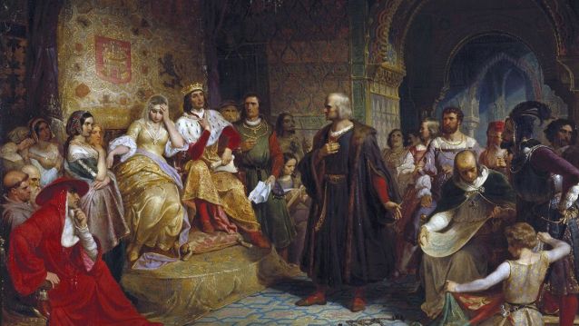 Vespucio estivo implicado na aventura colombiana dende o mesmo comezo. Como investidor na empresa, mantivo boa relación con Colón. Pintura de Emanuel Gottlieb Leutze, con Colón expoñendo o seu proxecto aos Reis Católicos.