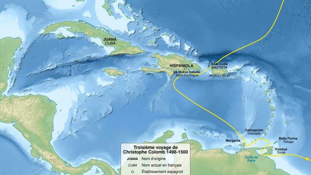 Percorrido aproximado de Colón na súa terceira viaxe (1498-1500), na que constataría a existencia dunha Terra Firme descoñecida, dun continente distinto de Asia.