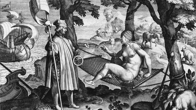 Famosa gravura que representaba a Américo Vespucio espertando á durminte América. Réplica de Theodor Galle de arredor do 1600, a partires do orixinal de Johannes Stradanus.