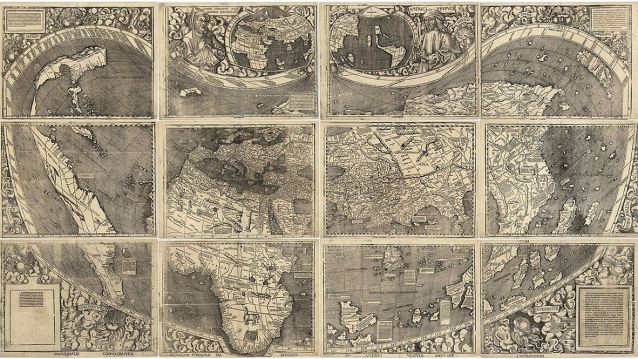 O Universalis Cosmographia (1507) de Martin Waldseemüller, mapa planisferio en doce follas no que se insire por vez primeira o nome "América".