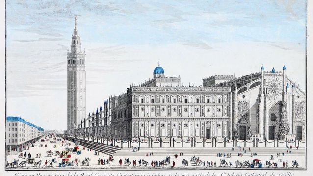 Vista en perspectiva da Real Casa de Contratación de Sevilla, a carón da catedral. Gravura de D. G. Huquier, do século XVIII.