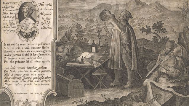 Gravura de 1591 que representa a Vespucio cun astrolabio, medindo a posición da Cruz do Sur, tal como se relataba nas cartas fantasiadas. Alí era un extraordinario cosmógrafo que mesmo citaba versos de Dante pra describir esta constelación.