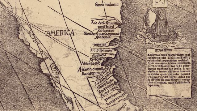 Detalle da folla do mapa planisferio de Martin Waldseemüller (1507), onde o cartógrafo puxo o nome de "América" pra honrar ao gran descubridor que coidaba era Américo Vespucio.