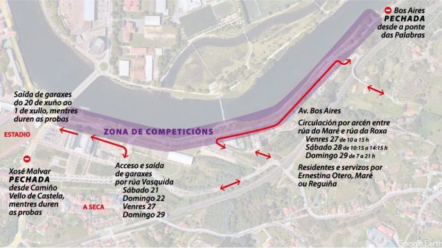 Mapa da 'zona cero' do Multisport de Tríatlon na Avenida de Bos Aires Mapa da 'zona cero' do Multisport de Tríatlon na Avenida de Bos Aires