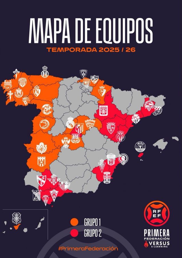 Mapa de equipos de Primera RFEF para la temporada 2025/2026