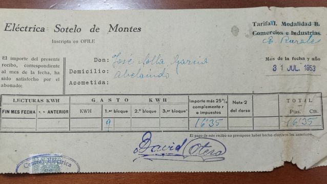 Recibo da luz da Eléctrica de Sotelo de Montes (xullo de 1953).