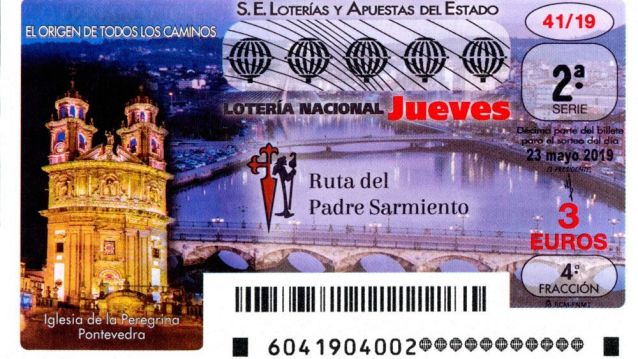 Billete de la Lotería Nacional con la fachada de la Iglesia de la Peregrina y los puentes sobre el Lérez