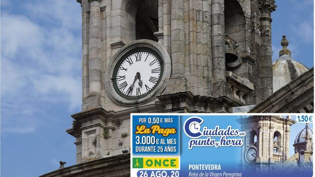 Composición con el cupón de la ONCE dedicado al reloj de la Iglesia de la Peregrina, sobre una fotografía de este elemento arquitectónico