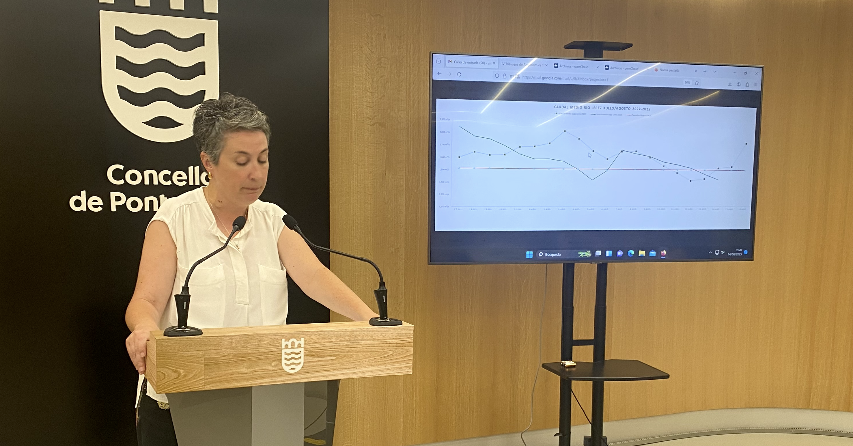 Eva Vilaverde, con los gráficos de evolución del caudal del Lérez a 13 de agosto de 2025