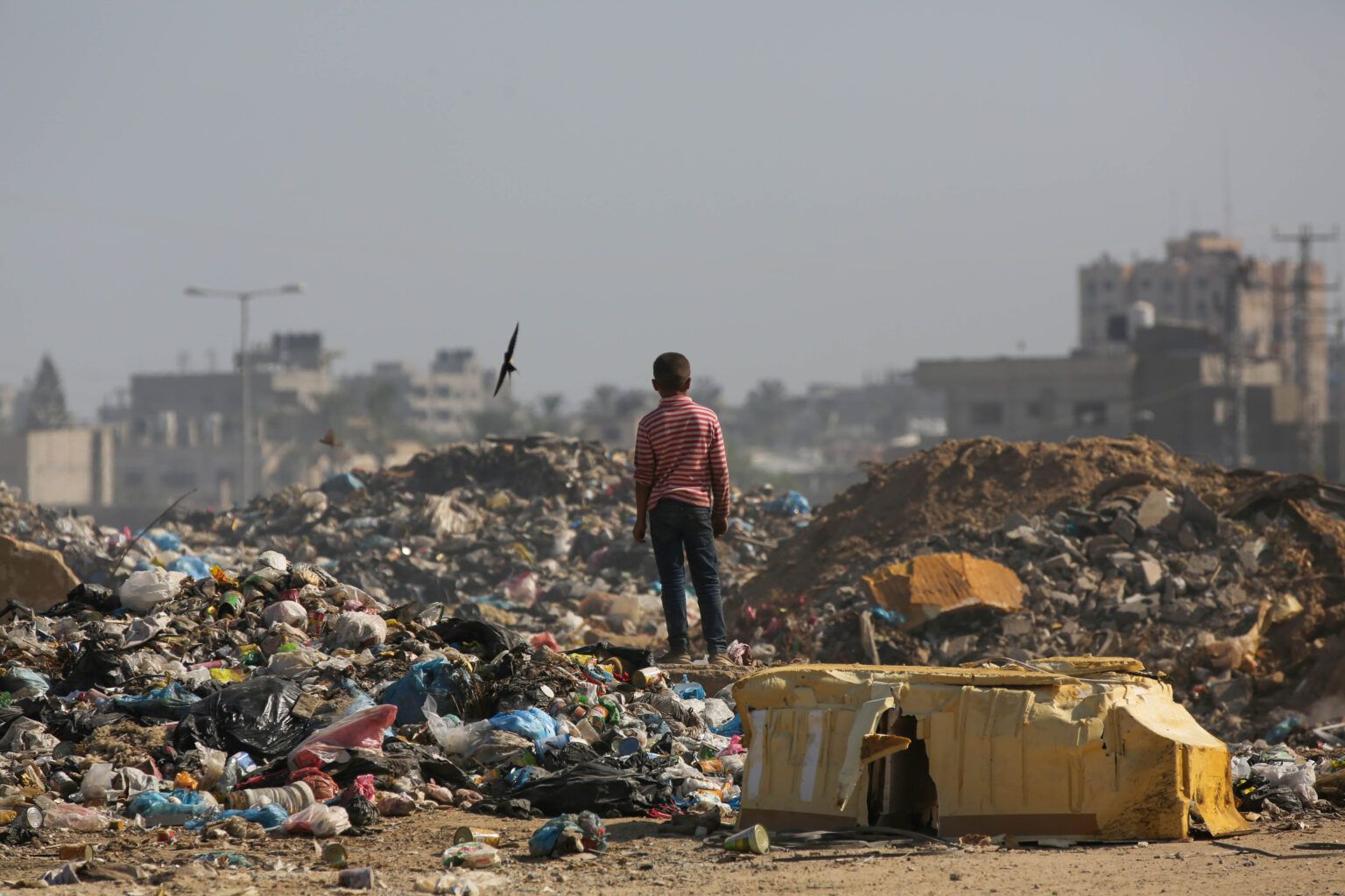 Un niño sobre las ruinas de Gaza