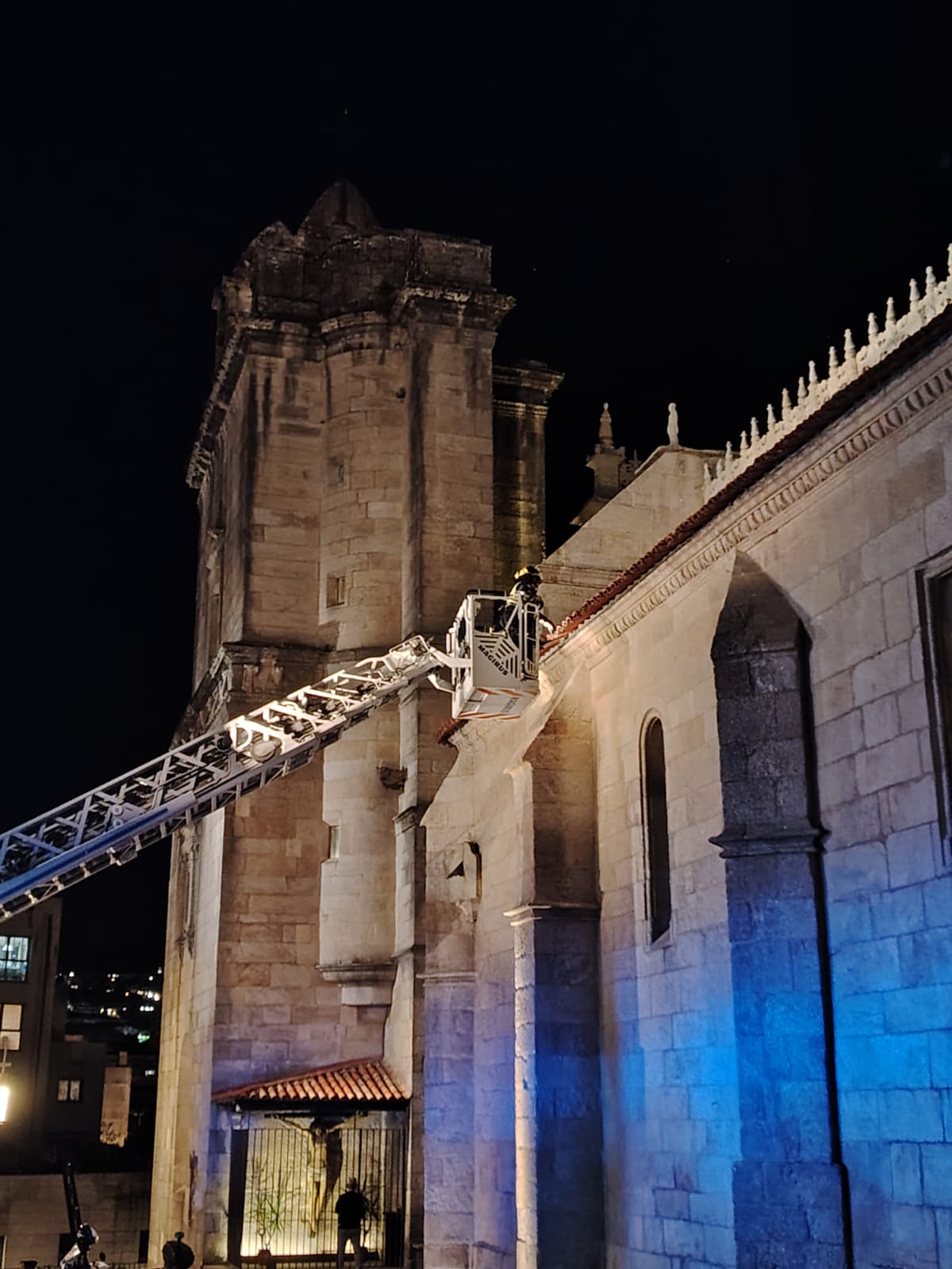 Bombero en la escalera revisando la cubierta Bombero en la escalera revisando la cubierta
