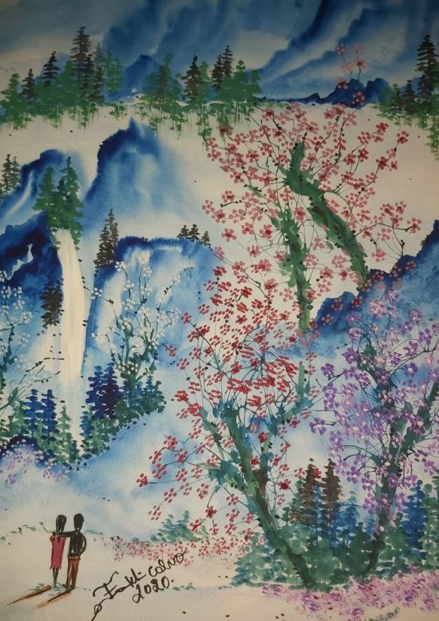 Mirando la cascada. Mixta 80x80. 2020