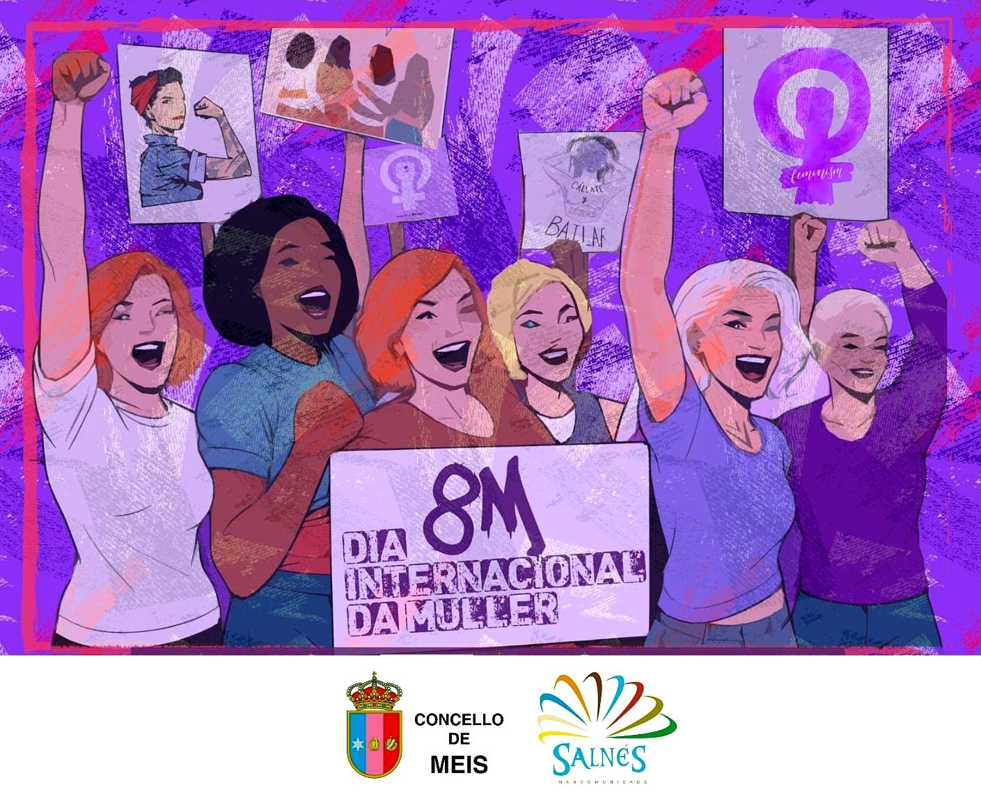 Un cartel con motivo del 8M en Meis