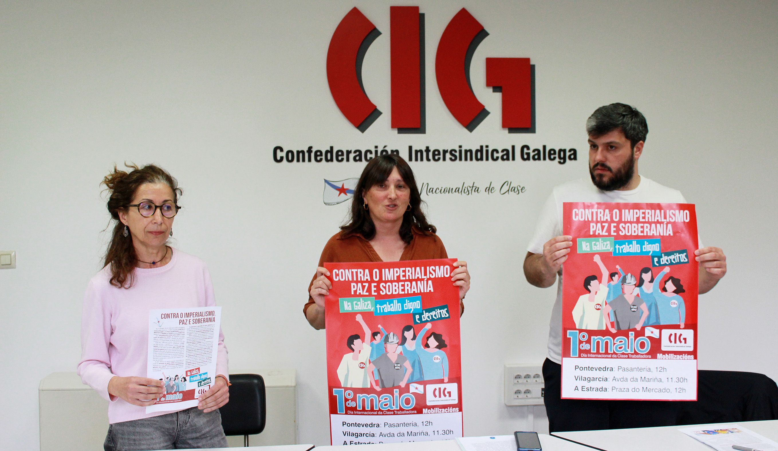Sole Fernández, Diana Rodríguez y Aitor Maquieira presentan los actos del "1º de maio" de la CIG
