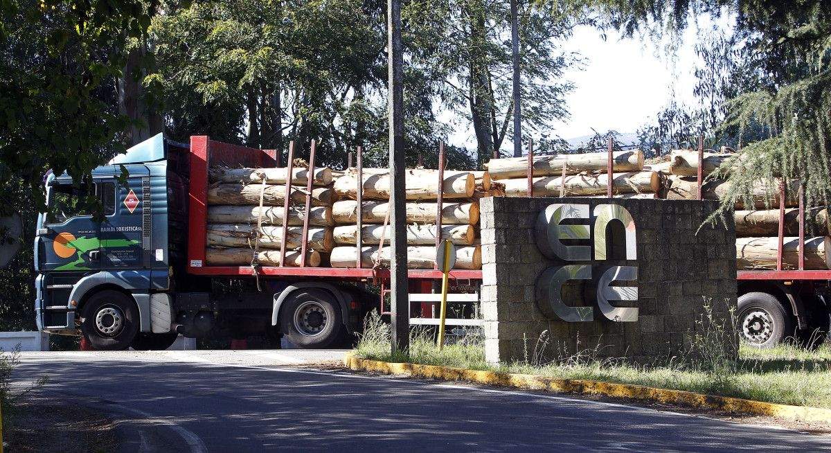 Camión de madeira entrando en Ence