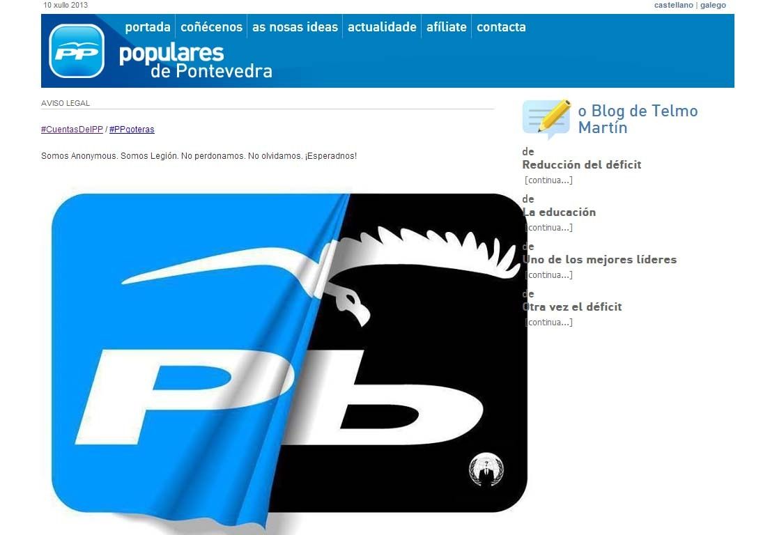 Nuevo hackeo de Anonymous a la web del Partido Popular de Pontevedra
