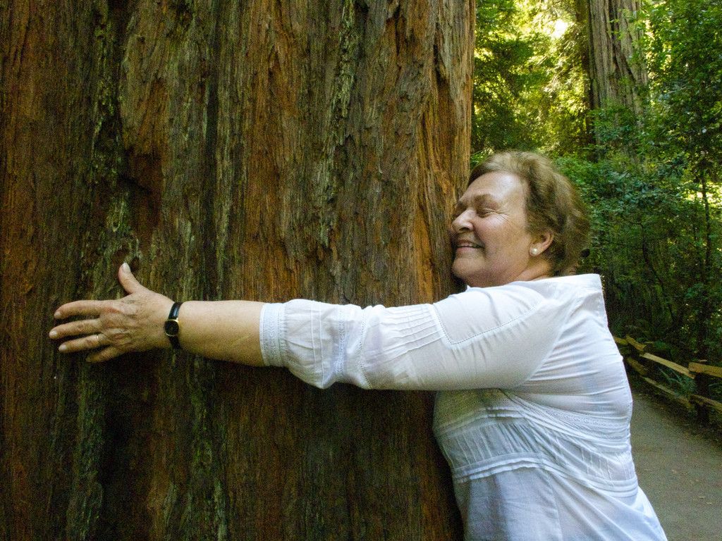 Una mujer abrazando un árbol
