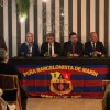 O presidente do FC Barcelona, Joan Laporta, visita Marín para reunirse con peñistas