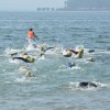 Participantes na primeira travesía a nado entre Combarro e a illa de Tambo